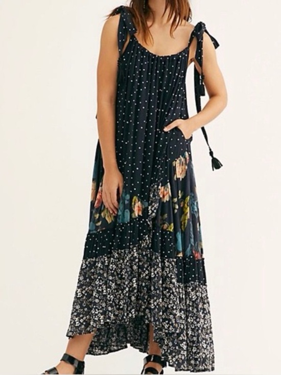 Free People Dresses & Skirts - Free People Bare It All Printed Maxi Dress Small Black Floral Boho
